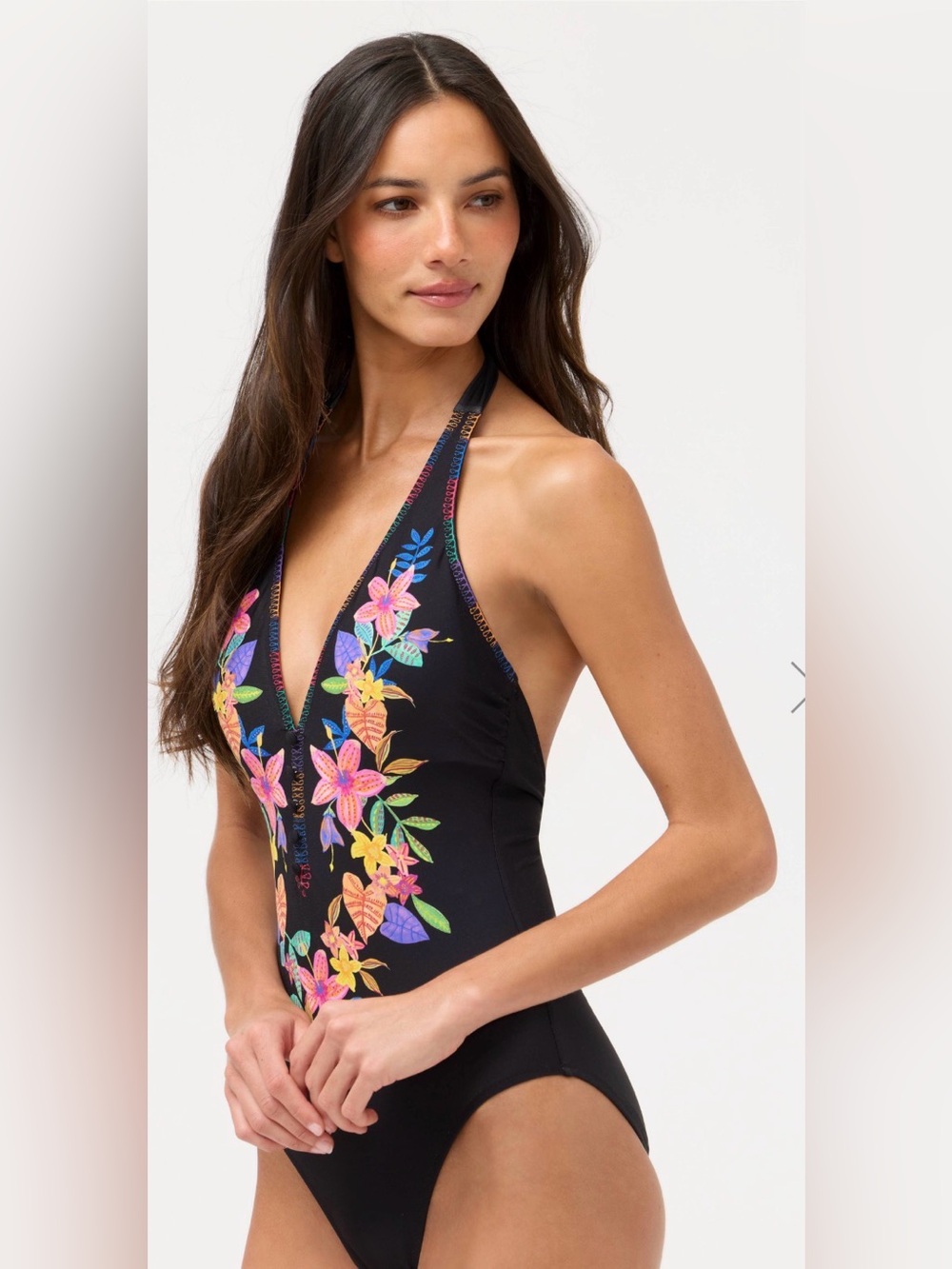 Johnny Was Black Halter One-Piece Swimsuit with Multicolor Floral Embroidery